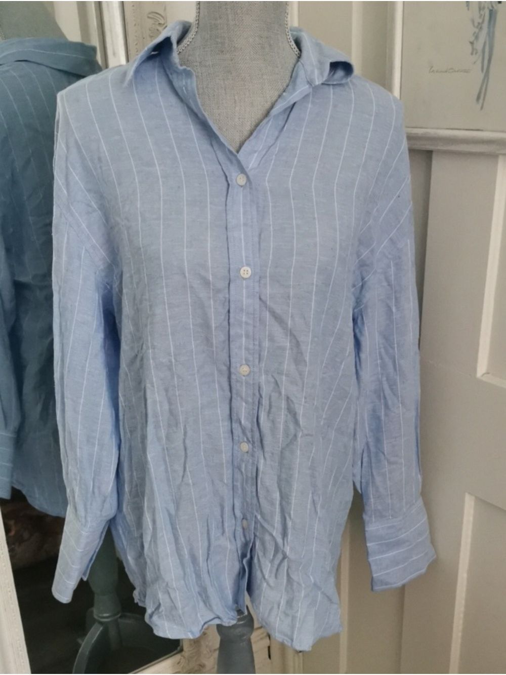 Womens Zara Nautical Linen Blend Pinstripe Collared Shirt/Open Tieback. XS